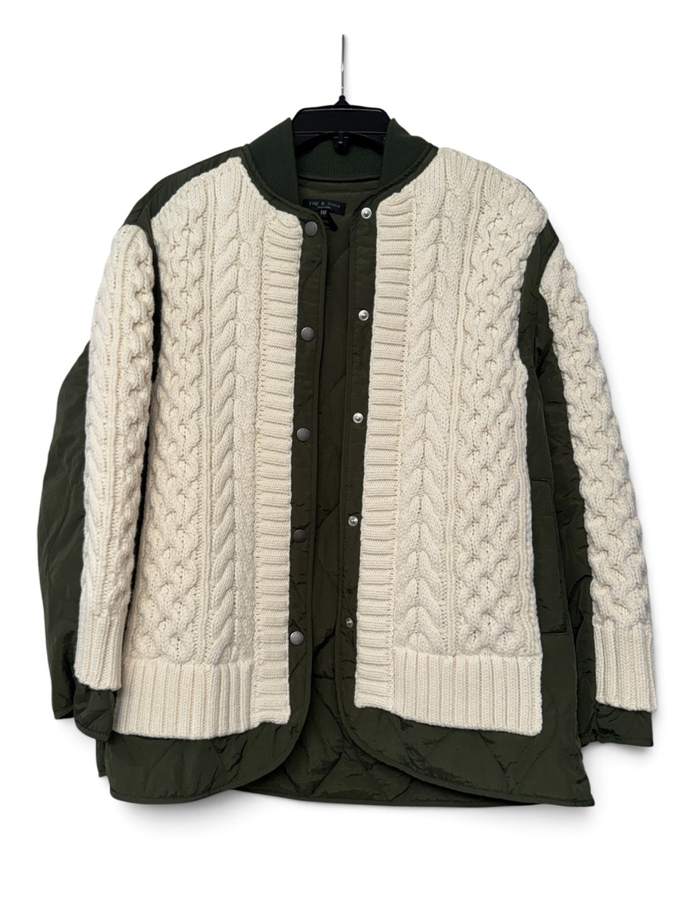 Rag & Bone Winnie Mixed Media Jacket XXS Green Quilted Cable Knit Bomber Cardiga